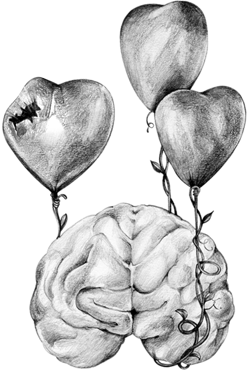 Brain with heart balloons attached to it